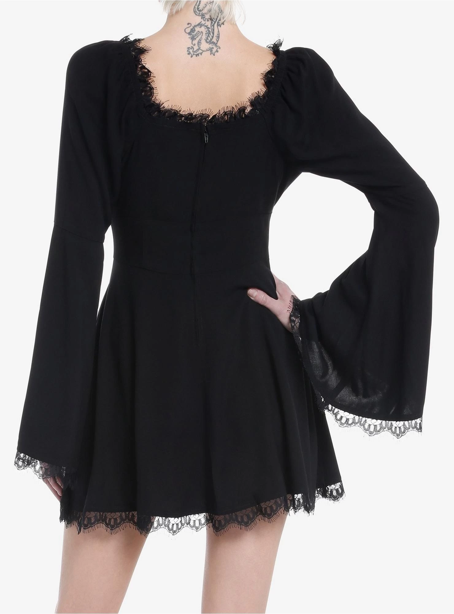 Cosmic Aura Black Lace-Up Bell Sleeve Dress - Image 3